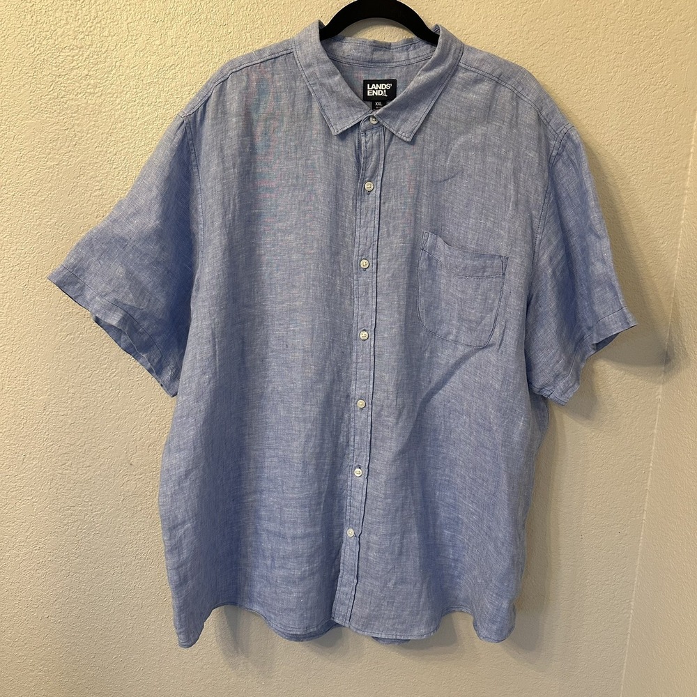 Lands End 100% Linen Button Up Shirt Mens XXL Blue Cool‎ Comfy Preppy 50-52